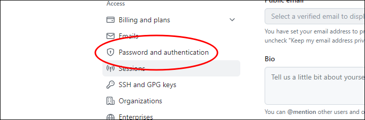 password and authentication 선택