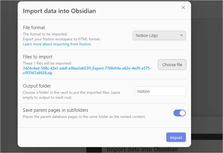 Import data into 옵시디언 메뉴